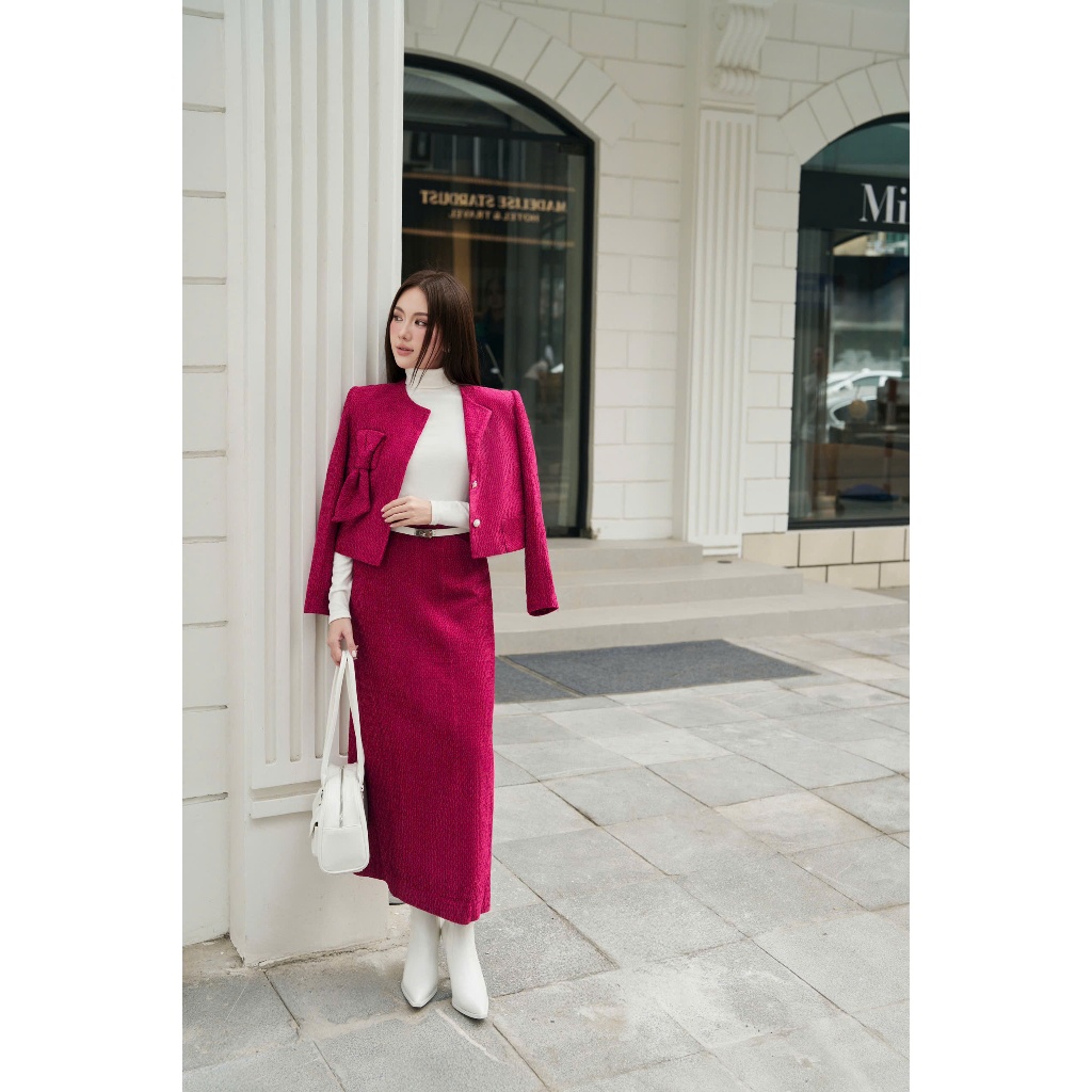 Set dạ tweed nữ Moceva áo khoác dạ tweed dáng ngắn phối chân váy dạ dài màu hồng thanh lịch