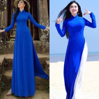 Áo Dài Màu Xanh Coban Đoàn , Áo Dài Truyền Thống 4 Tà Lụa Chiffon Co Giãn Mềm Mịn Tôn Dáng