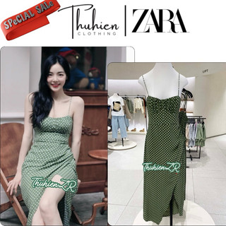 (Chính hãng size XS)Váy midi 7613/399/505 ZARA xẻ tà trước xanh thẫm chấm bi (kèm ảnh thật)