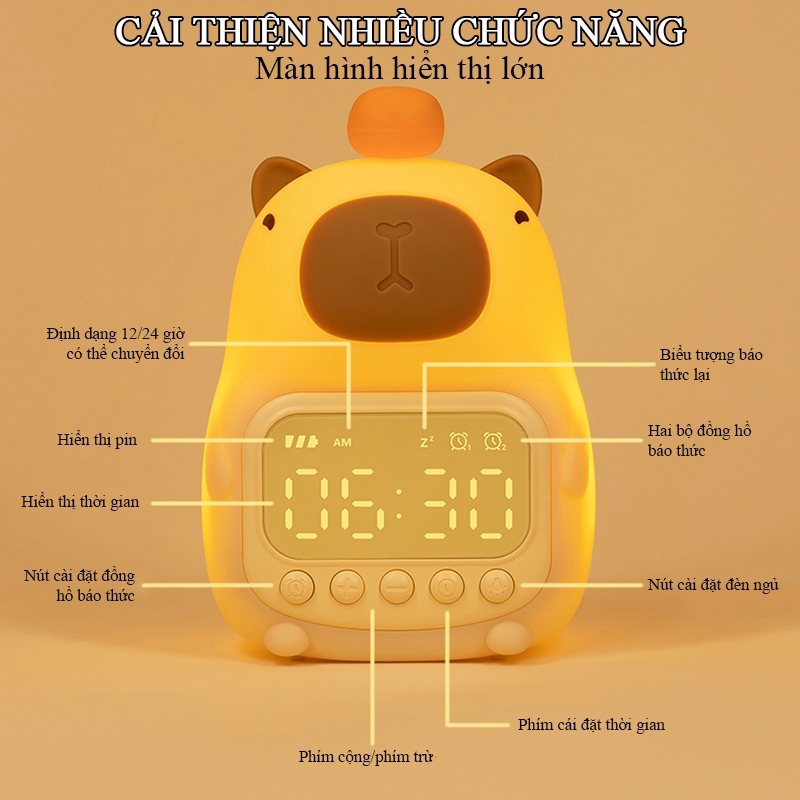 Đồng Hồ Báo Thức Capybara Tích Hợp Đèn Ngủ Có Thể Sạc Lại, Đèn Ngủ Silicon Dễ Thương Màn Hình LED
