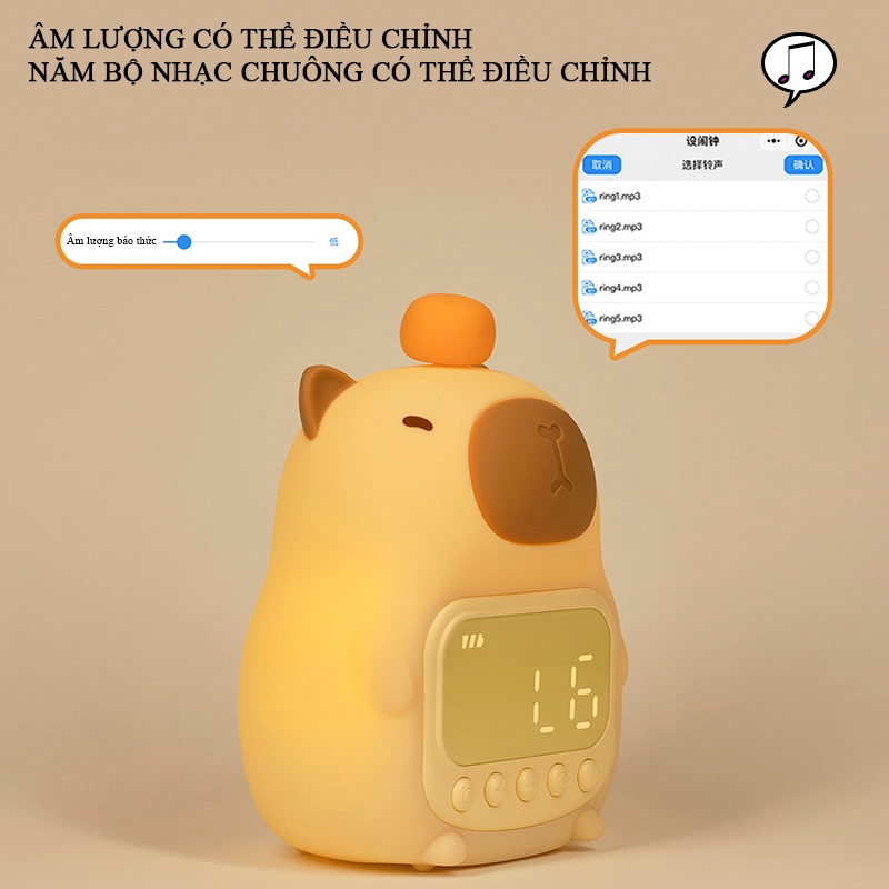 Đồng Hồ Báo Thức Capybara Tích Hợp Đèn Ngủ Có Thể Sạc Lại, Đèn Ngủ Silicon Dễ Thương Màn Hình LED