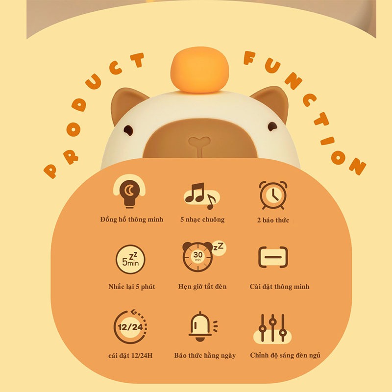 Đồng Hồ Báo Thức Capybara Tích Hợp Đèn Ngủ Có Thể Sạc Lại, Đèn Ngủ Silicon Dễ Thương Màn Hình LED