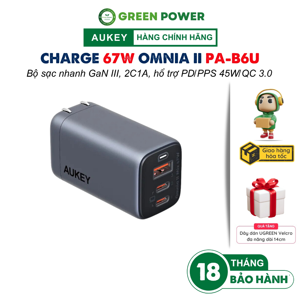 Củ sạc nhanh AUKEY PA-B6U Omnia II Mix 67W GaN III 3 cổng 2C1A Công nghệ PD 3.0, PPS 45W, UFCS cho đ