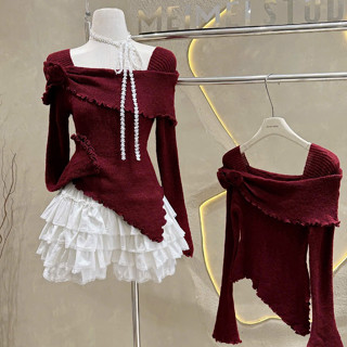 Sét áo len trễ vai đỏ tay dài tặng kèm tang hoa sét phối chân váy tầng xoè ngắn trắng ( CV Có Kèm Lót Trong) Hàng Có Săn