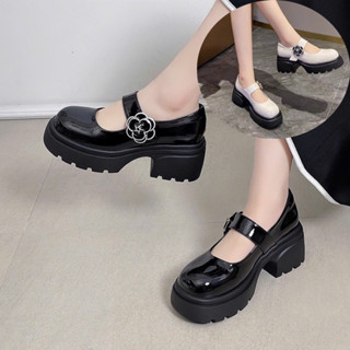 (Lùi 1 size) Giày Oxford nữ phối Hoa Trà, đế cao 6cm chất da bóng gồm 2 màu