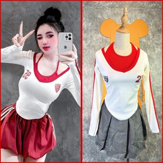 Sét Áo Thun Cổ Yếm Tay Dài Phối Mix Chân Váy Sếp Ly, HotTrend Hằng Du Mục + Mix Quần Bí Sọc(Hàng Có SẴn)