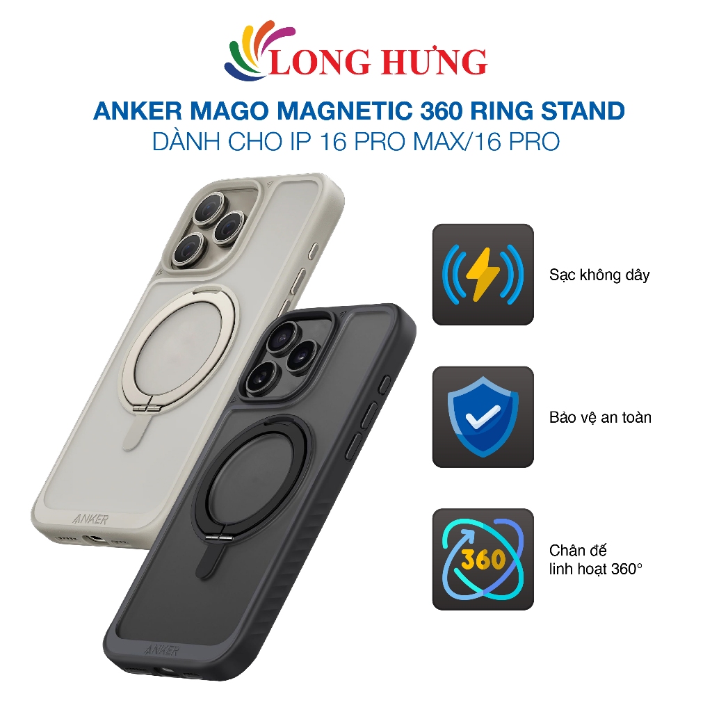Ốp lưng Anker MagGo Magnetic 360 Ring Stand dành cho iP 16 Pro Max/16 Pro - Hàng chính hãng