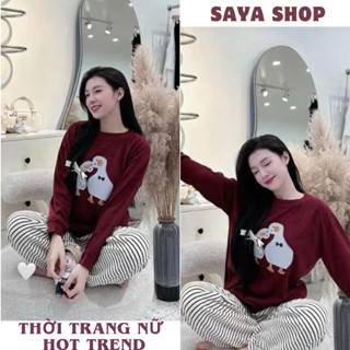  Set đồ nữ bộ đồ nữ áo dài tay in hình vịt trắng mix quần ống suông dài hack dáng SaYa Shop hcom3506 