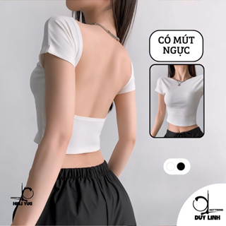 Áo croptop hở lưng có mút ngực vải cotton tay ngắn cổ tròn DUYLINH áo kiểu nữ ôm body vải dày DL16A