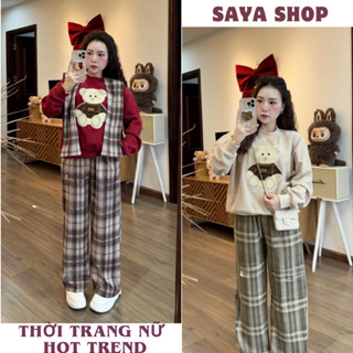  Bộ đồ nữ set đồ nữ áo gấu trắng mix quần kẻ kèm khăn cực hót thu đông 2024 SaYa Shop hcom3508 