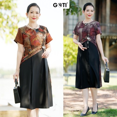 Đầm Trung Niên Sang Trọng Cao Cấp GOTI, Thiết Kế Trẻ Trung Cho Mẹ Dáng Xòe Hoa Tay Ngắn 45~73kg 3337
