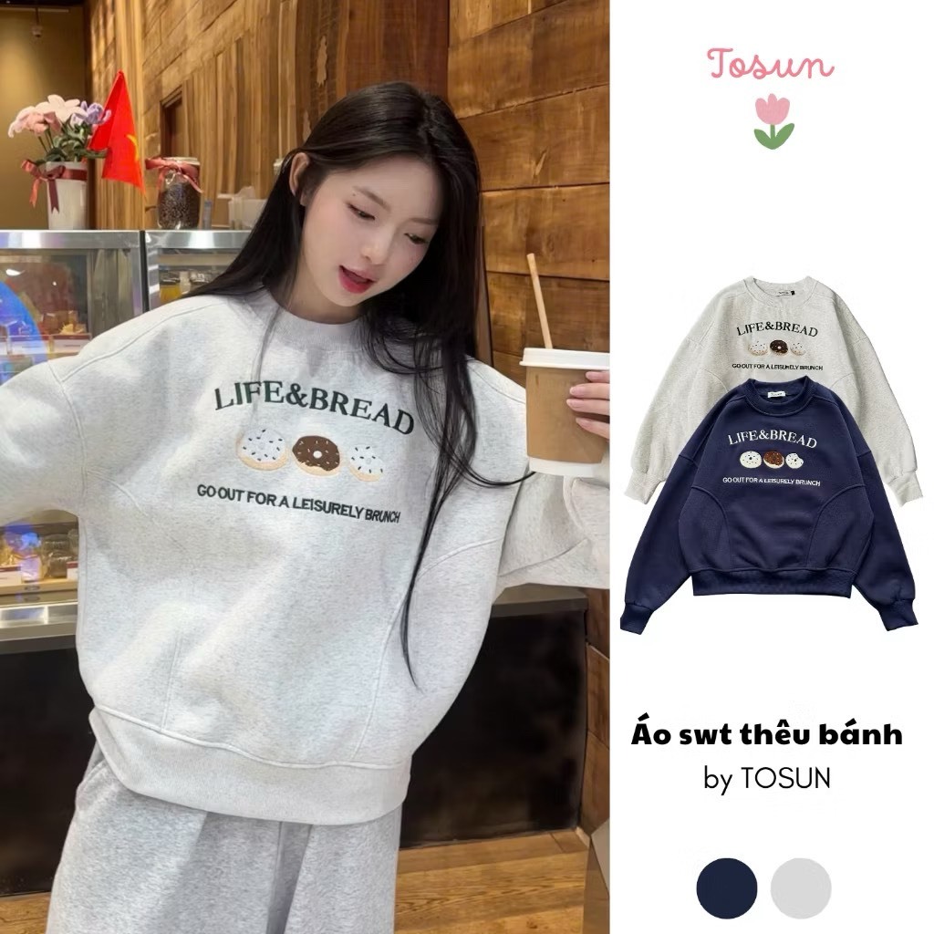 Áo Sweater Nỉ Bông Form Boxy Thêu Bánh Bản Premium Mẫu Hot 2024