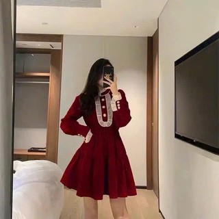 Đầm nhung cổ trụ phối bèo cài nút tay dài dáng ngắn xòe nhẹ đẹp dễ thương cute