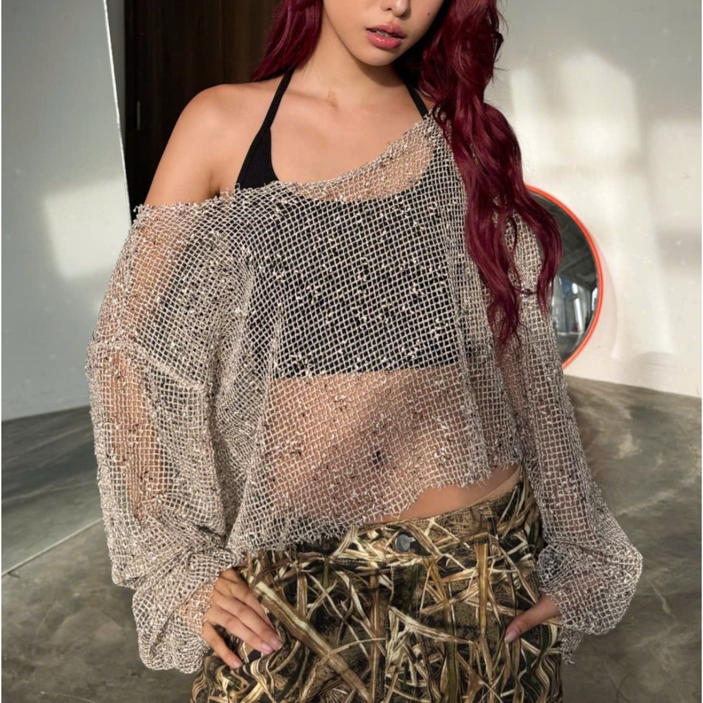 Áo Lưới TWENTI  Tay Dài Croptop Kèm Bra Đen | BigBuy360 - bigbuy360.vn