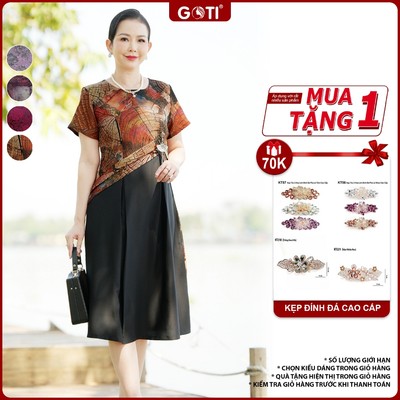 Đầm Dự Tiệc Trung Niên Cao Cấp GOTI, Thiết Kế Xếp Ly Eo Tay Nhắn Màu Đỏ Tay Ngắn Bigsize 3413