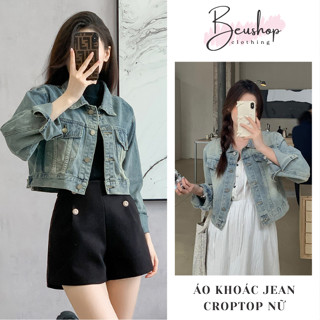 Áo Khoác Jean Nữ CROPTOP Dài Tay Dáng Rộng Áo Khoác Jean Nữ Cổ Bẻ Cúc Cài Màu Xanh Wash RETRO