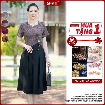 Đầm Dự TiệcTrung Niên Dáng Dài Cao Cấp GOTI, Thiết Kế Xếp Ly Eo Tay Ngắn Bigsize 3414
