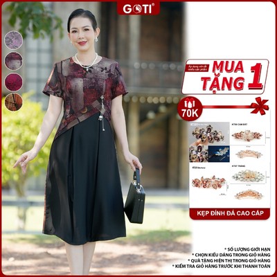GOTI Đầm Trung Niên Thiết Kế Cao Cấp Dáng Xòe Xếp Ly Eo Kèm Tag Quạt Tay Ngắn Bigsize  3413