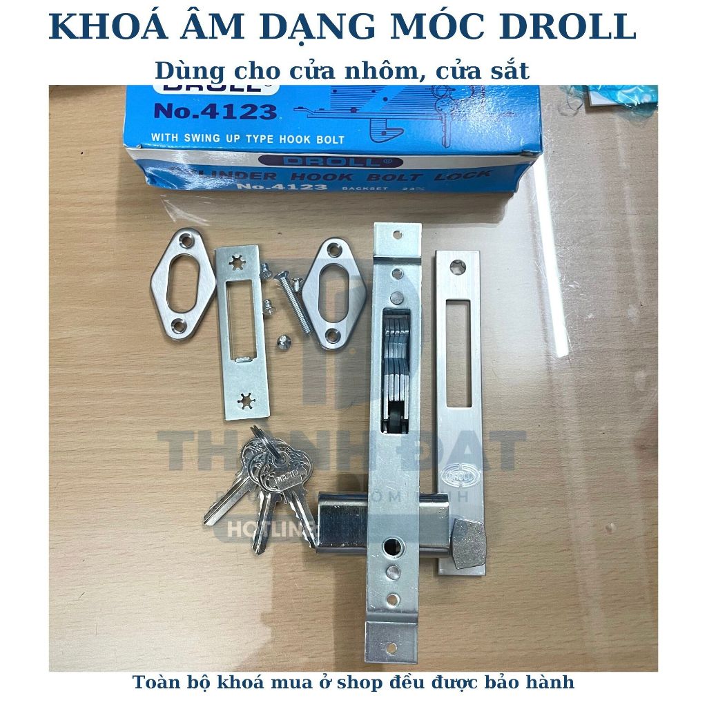 Khóa âm lùa Droll móc (Khóa âm lùa dạng móc hiệu Droll, Khóa âm cửa lùa Droll dùng cho cửa nhôm, cửa