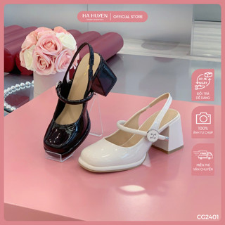  Giày cao gót mary jane nữ HÀ HUYỀN da bóng khóa tròn chữ H quai hậu gót vuông 8cm - CG2401 