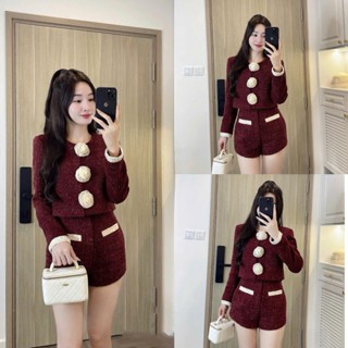 Set Áo Dạ Đỏ Mận Đính Hoa Trà Cúc Bấm, Mix Quần Sooc Cạp Khóa (Hàng 2 Lớp) [Freeship]