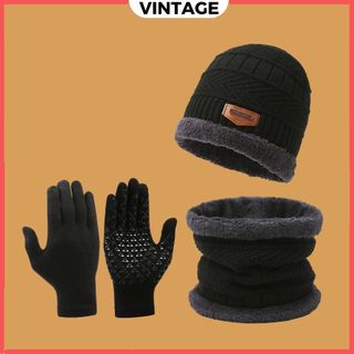  Bộ 3 mũ len nam nữ trùm đầu Set 3 món nón len kèm khăn quàng cổ và găng tay giữ ấm mùa đông chống lạnh 