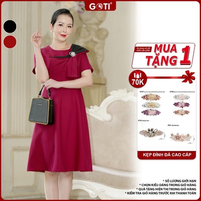Đầm Dự Tiệc Trung Niên Cao Cấp Thiết Kế Bởi GOTI Dáng Xòe Cách Điệu Nơ Lớn Kèm Tag Hoa Màu Đỏ 3422