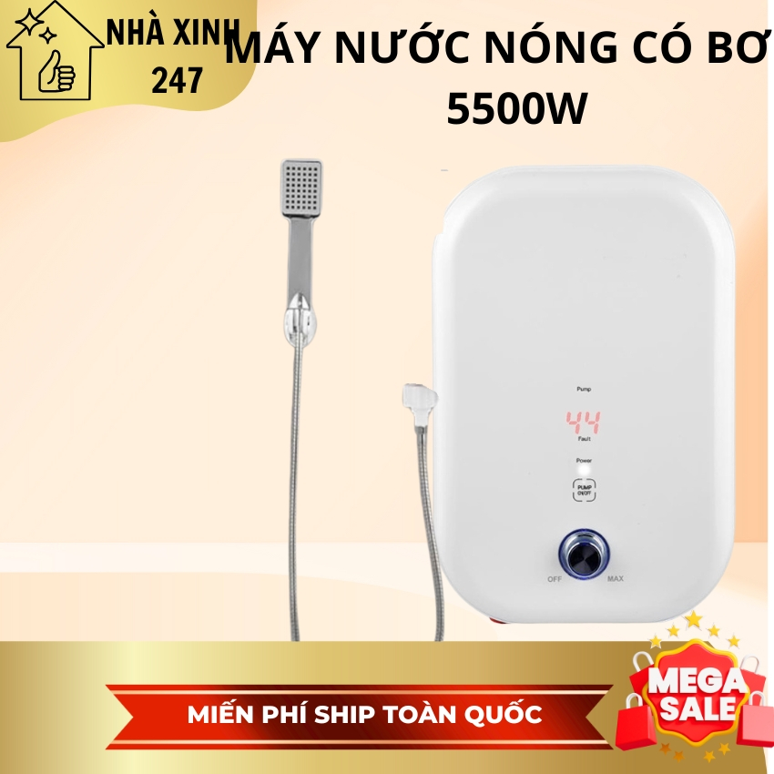 Máy nước nóng , máy tạo nước nóng trực tiếp 5500w có bơm tăng áp và vòi sen, chỉnh nhiệt trong 5 giây , rơ le an toàn