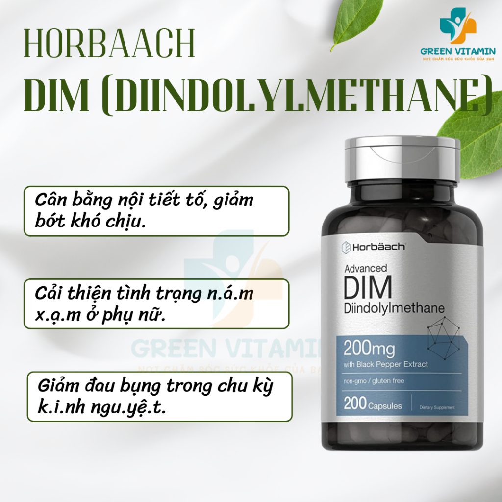 Horbaach DIM 200mg - Viên uống cân bằng hormone, chuyển hóa estrogen, giảm mụn, PCOS cho nam, nữ