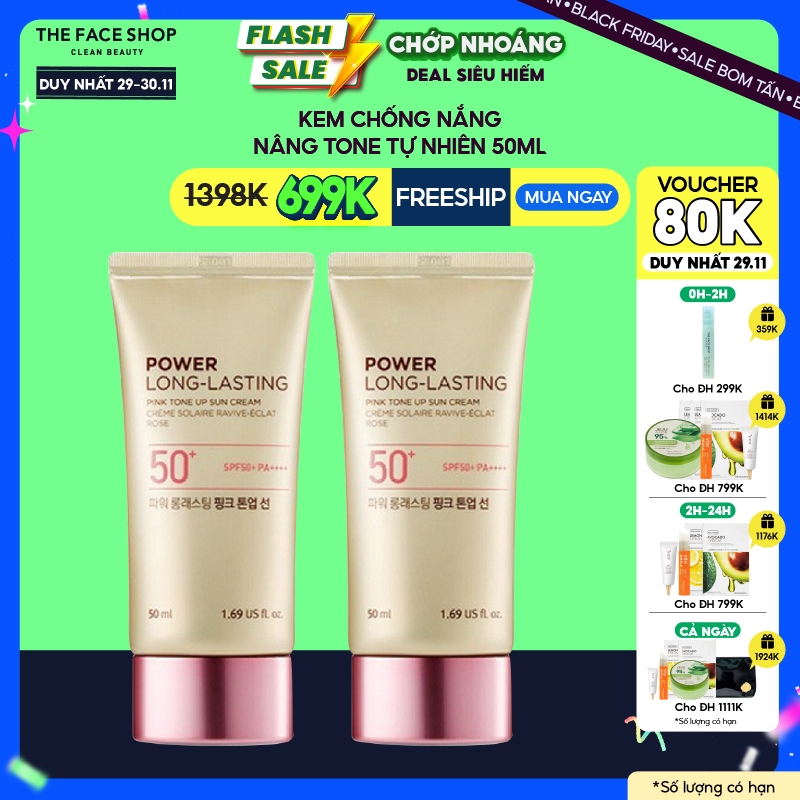 [Siêu Black Friday] Combo 2 Kem Chống Nắng Thefaceshop Power Long Pink Tone Up Spf50++ 50Mlx2