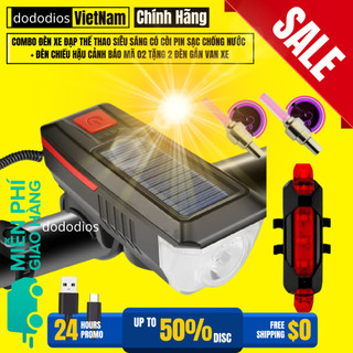   Cao Cấp - Năng Lượng Mặt Trời  Combo Đèn Xe Đạp Thể Thao Siêu Sáng Có Còi Pin Sạc Chống Nước + Đèn Chiếu Hậu Cảnh Báo 