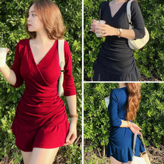 Đầm Váy Thun Body Cổ Chéo Nhún Eo 2 Bên Chất Gân Tăm 45-90kg Trẻ Trung Dễ Thương Trendy V001