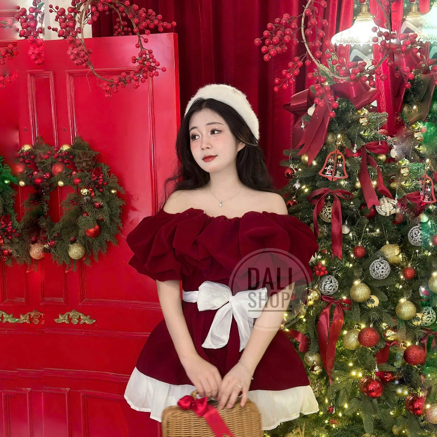 Set Áo Nhung Đỏ Trễ Vai Bèo Nhún Có Dây Đai Eo + Chân Váy Xoè Tơ Sang Chảnh | BigBuy360 - bigbuy360.vn