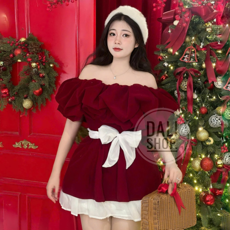 Set Áo Nhung Đỏ Trễ Vai Bèo Nhún Có Dây Đai Eo + Chân Váy Xoè Tơ Sang Chảnh | BigBuy360 - bigbuy360.vn