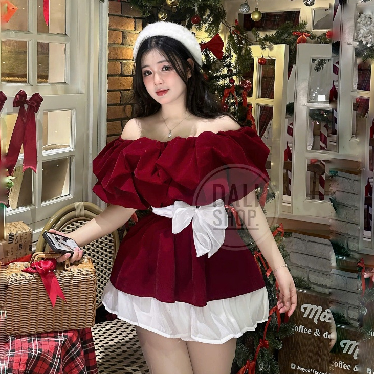 Set Áo Nhung Đỏ Trễ Vai Bèo Nhún Có Dây Đai Eo + Chân Váy Xoè Tơ Sang Chảnh | BigBuy360 - bigbuy360.vn