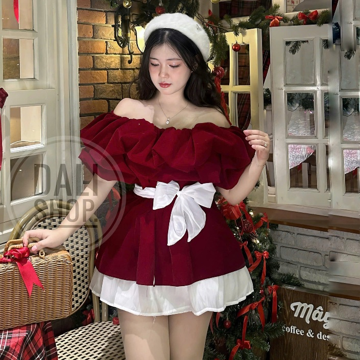 Set Áo Nhung Đỏ Trễ Vai Bèo Nhún Có Dây Đai Eo + Chân Váy Xoè Tơ Sang Chảnh | BigBuy360 - bigbuy360.vn