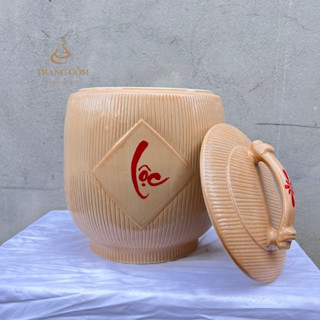 Chum đựng gạo, hũ gạo gốm sứ Bát Tràng, chĩnh tài lộc vẽ thủ công có quai cầm tiện dụng