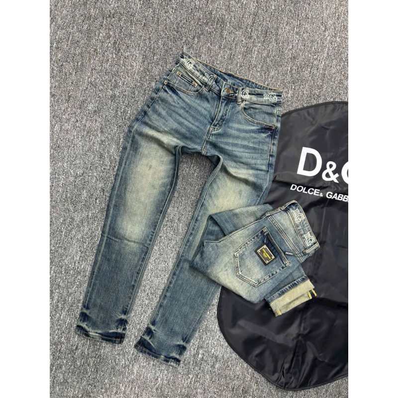 quần bò dài nam dk boutique màu xanh trơn tag gương hoạ tiết cạp điẻm nhấn,vải dầy mềm co dãn nhẹ gi