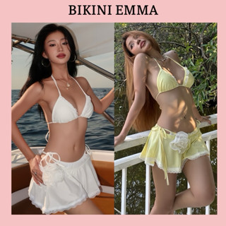 Đồ Bơi Bikini 3 Mảnh Phối Ren Trắng Đính Bông Gồm Áo Bikini + Quần Chip + Váy (Có Tặng Bông Hoa) Chuẩn Loại 1