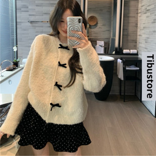 Set Áo Len Lông Tay Dài Đính Nơ Phối Chân Váy Xoè Tầng Chấm Bi TIBU Set Đồ Nữ Sang Chảnh Mặc Đi Chơi Tết Noel S132