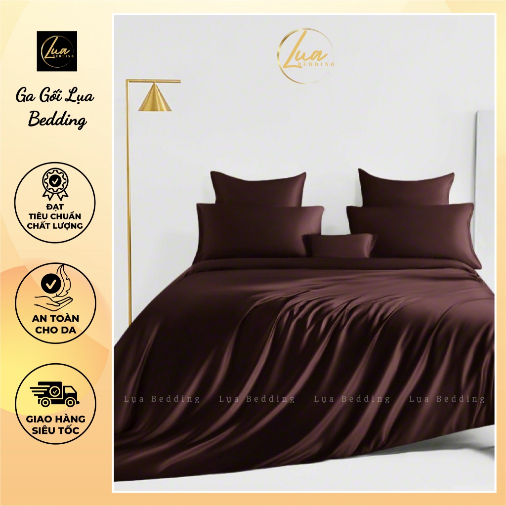 Bộ Chăn Ga Gối Lụa mềm mịn mát lạnh cao cấp Ga Gối Lụa Bedding Màu Nâu sang trọng