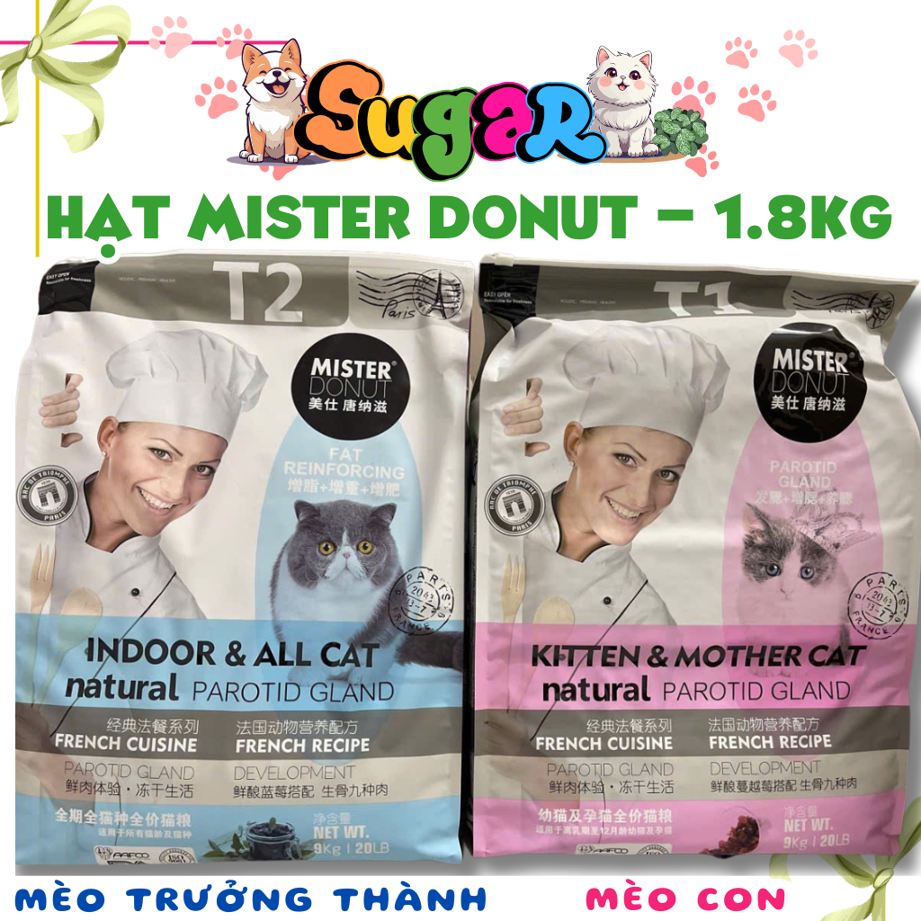 Thức ăn hạt Cao cấp cho Mèo Hạt MISTER DONUT Túi 1.8kg Hạt không ngũ cốc
