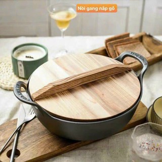 Nồi Gang Nắp Gỗ Size 20cm Chảo Gang Sâu Lòng Chống Dính Dùng Đễ Kho Thịt Kho Cá Chiên Xào Nấu Nướng