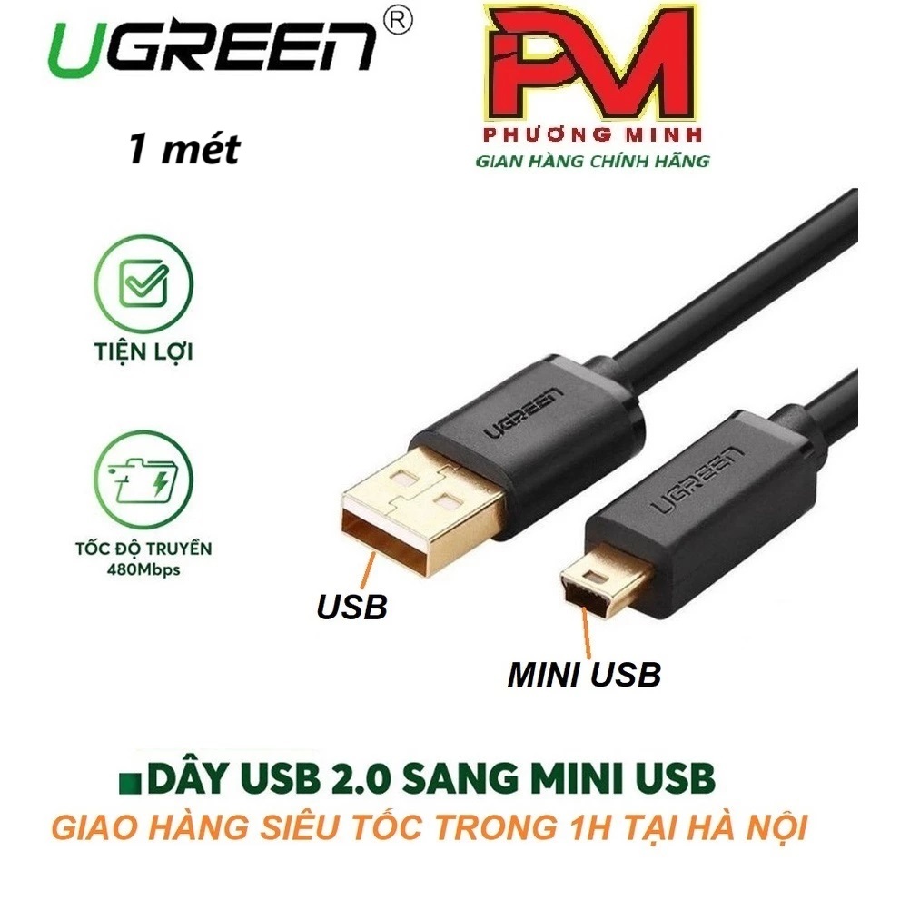 Cáp USB 2.0 sang Mini USB mạ vàng dài 1m UGREEN 10355 US132 - Hàng chính hãng bảo hành 12 tháng