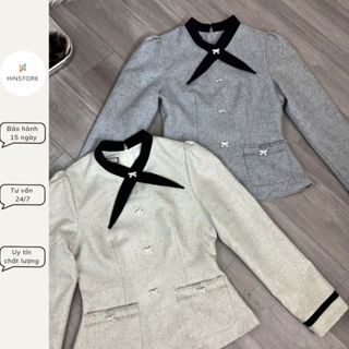 Áo dạ kiểu peplum HINSTORE áo dạ tiêu dáng ôm dài tay 2 lớp phối cổ nơ đen nơ cài 330