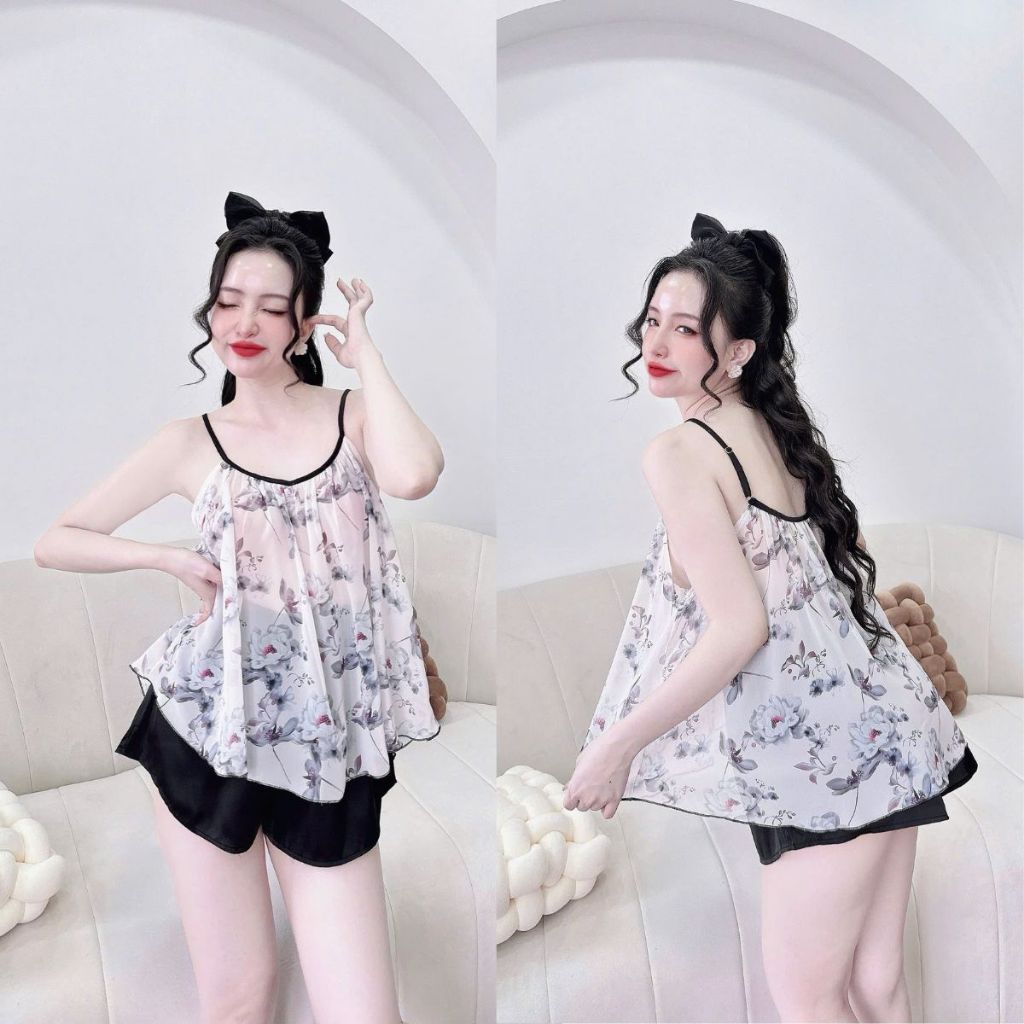 Đồ ngủ nữ Miky, Đồ ngủ sexy lụa Chiffon phối Latin cao cấp mềm mại xinh xắn <70KG | BigBuy360 - bigbuy360.vn