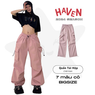 Quần Cargo Pants ống rộng nữ Haven kaki cotton, dây rút jogger bigsize,màu hồng, đen, trắng, be, đỏ