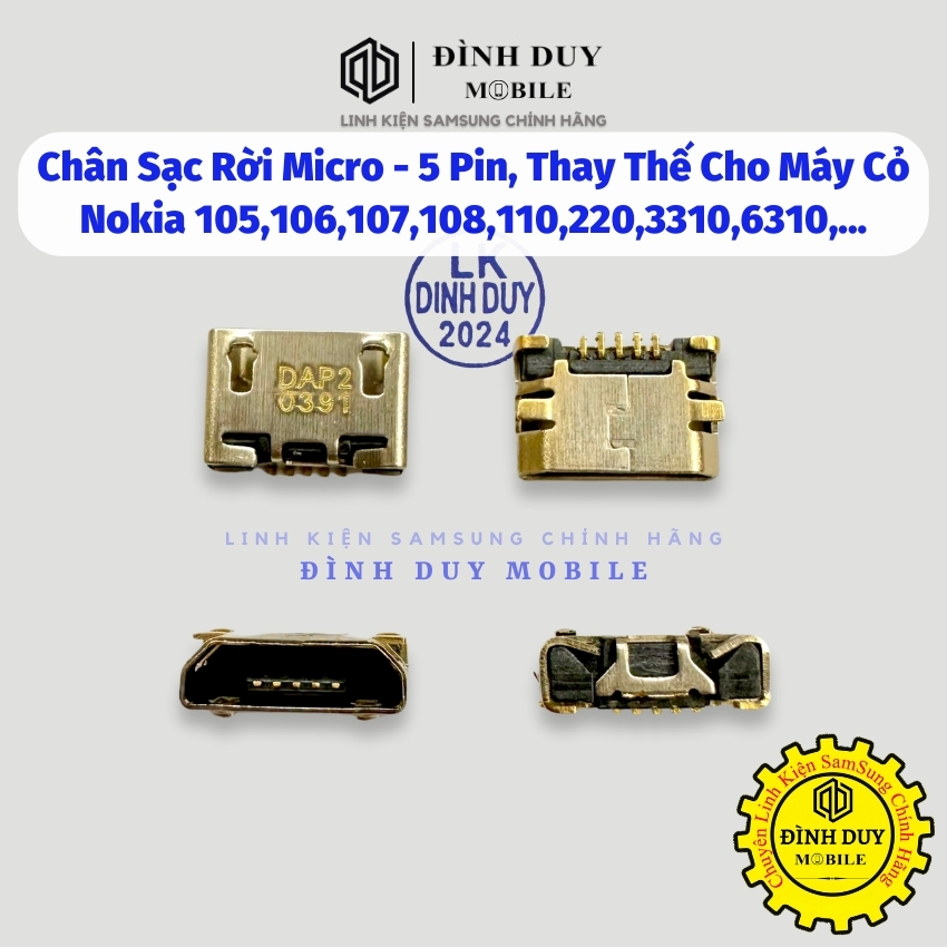 Chân Sạc Rời Micro - 5 Pin, Thay Thế Cho Máy Cỏ Nokia 105,106,107,108,110,220,3310,6310,...
