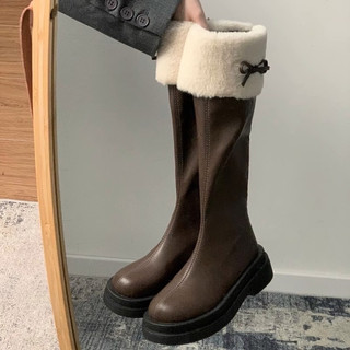 [Order-2278] Boots da cao cổ lông Nâu,Đen đính Nơ xink form chuẩn đẹp Lil