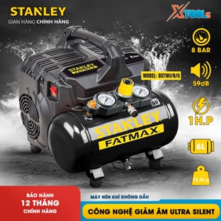  Máy nén khí không dầu mini siêu giảm ồn STANLEY DST101-8-6 6L 2 đồng hồ đo áp suất trong và ngoài 8 Bar 1HP 105Lit phút 